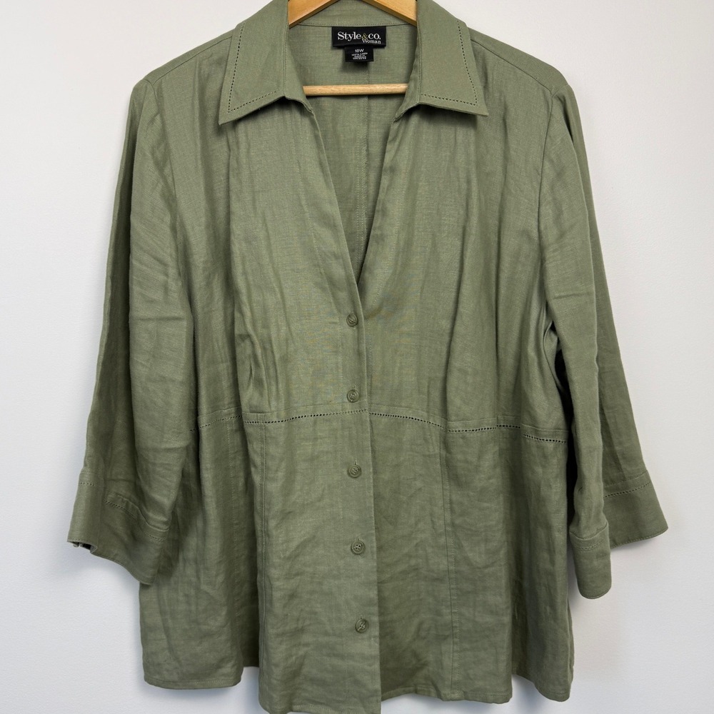 Style & Co Green 100% Linen Button Up Shirt Womens 18W 3/4 Sleeve‎ Coastal